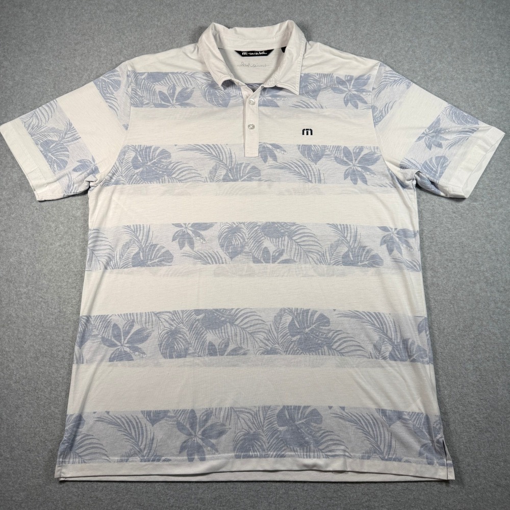 Travis Mathew Polo Men's XL White Blue Tropical Floral Striped Golf Shirt